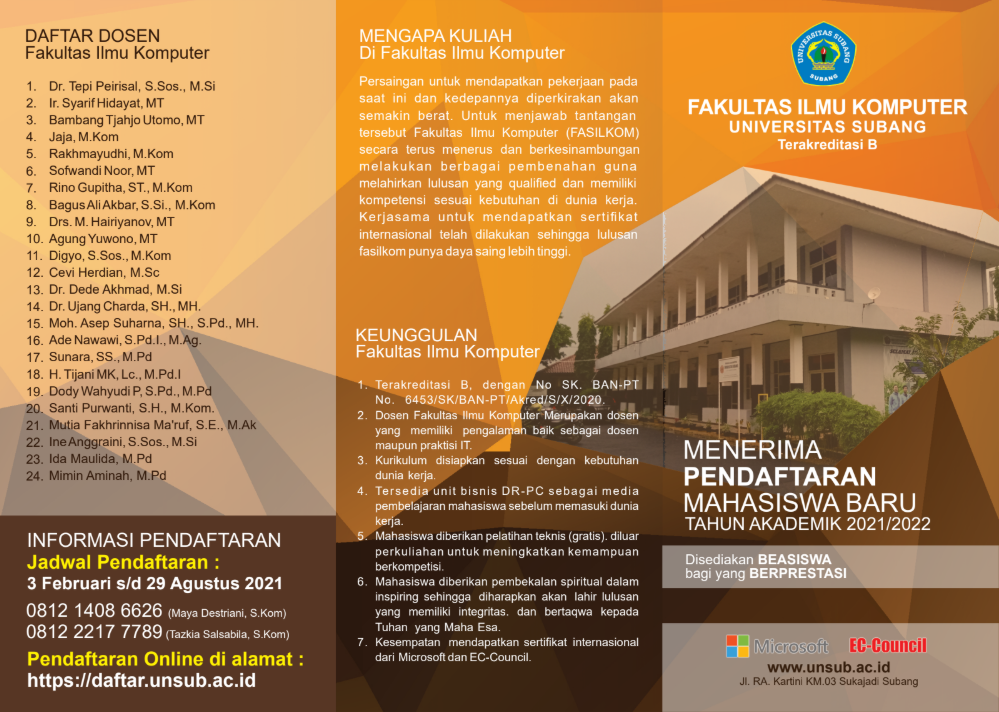 Pendaftaran Mahasiswa Baru Fakultas Ilmu Komputer Universitas Subang Tahun Akademik 2021/2022